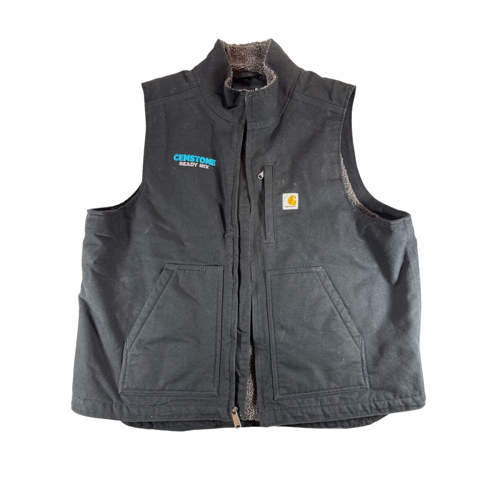 Carhartt Mens XL Loose Fit Sherpa Lined Canvas Vest Black Cemstone Logo Workwear